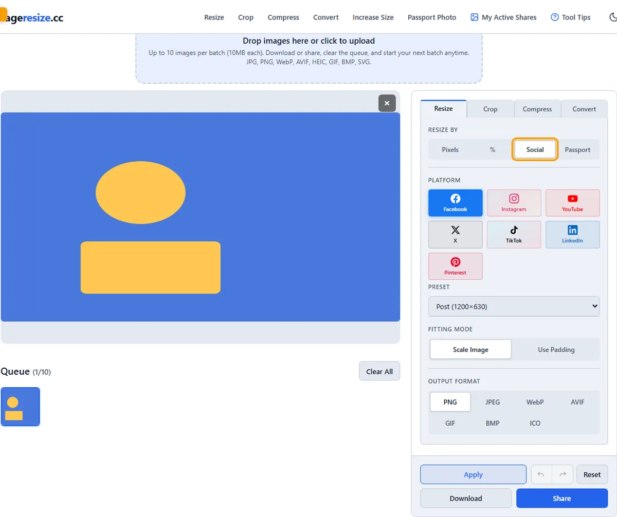 Step 1: Choose Social mode — imageresize.cc